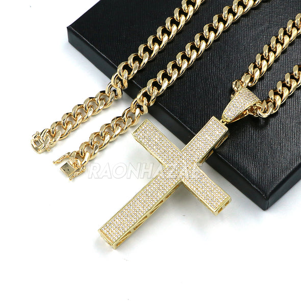 14k Gold Plated Lab Diamond BIG Brass 2PAC Cross Pendant w/ 10mm Cuban Chain Set - Raonhazae