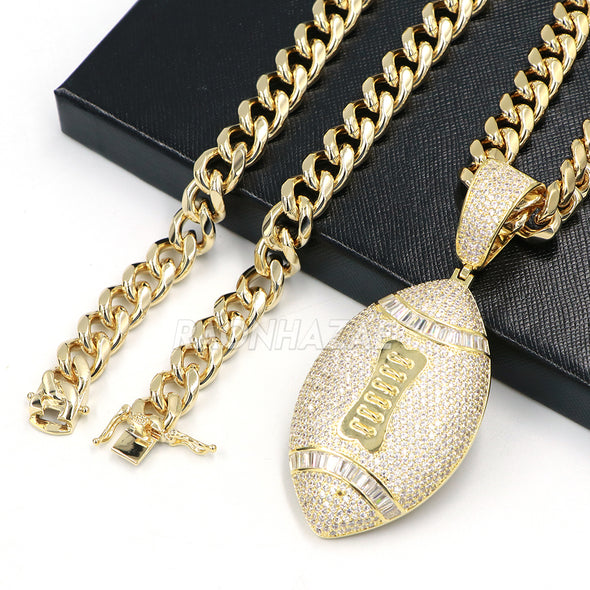 Iced 14k Gold HUGE American Football Brass Pendant w/ 10mm Cuban Chain Set - Raonhazae