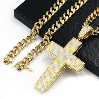 Iced 14K Gold Big Gothic Jesus CROSS Brass Pendant w/10mm Cuban Chain Set - Raonhazae