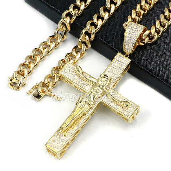 14K ICED HUGE Jesus Crucifix Cross Brass Pendant w/ 10mm Cuban Chain Set - Raonhazae