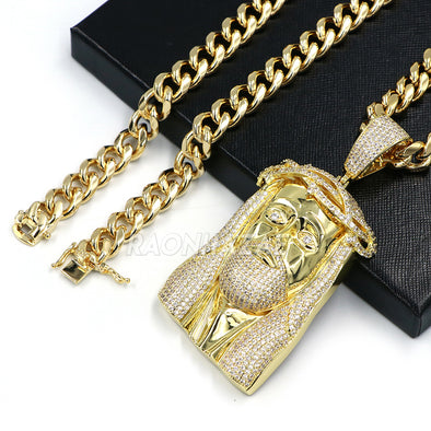 Hip Hop ICED Gold 14K JUMBO Logic Jesus Brass Pendant w 10mm Cuban Chain Set - Raonhazae