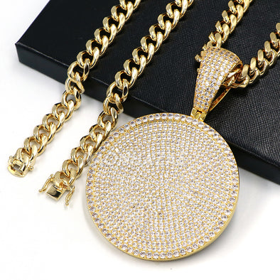 Hip Hop 14k Gold Plated JUMBO ICED Medallion Pendant w 10mm Cuban Chain Set - Raonhazae