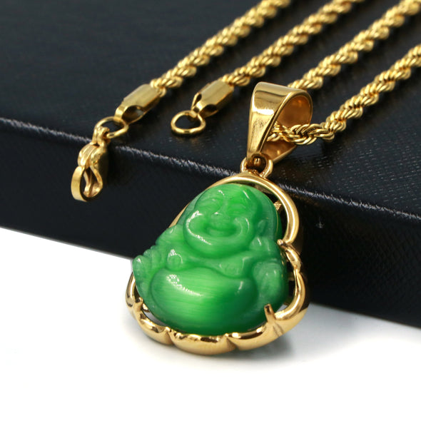 Stainless Steel Chubby Buddha Pendant (Green Jade) - Raonhazae