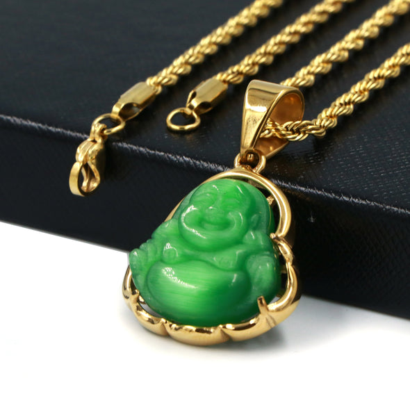 Stainless Steel Gold ICED Chubby Buddha (Green Jade) Pendant w/ 3mm Rope Chain - Raonhazae