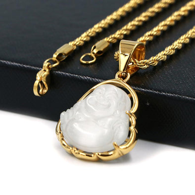 Stainless Steel Gold ICED Chubby Buddha (White Jade) Pendant w/ 3mm Rope Chain - Raonhazae