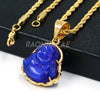 Stainless Steel Gold ICED Chubby Buddha (Blue Jade) Pendant w/ 3mm Rope Chain - Raonhazae