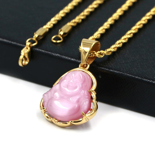 Stainless Steel Chubby Buddha Pendant (Pink Jade) - Raonhazae