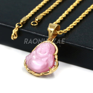 Stainless Steel Gold ICED Chubby Buddha (Pink Jade) Pendant w/ 3mm Rope Chain - Raonhazae