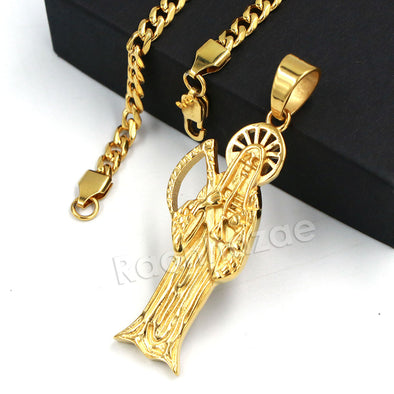 316L Stainless Steel Gold Hip Hop Santa Muerte Pendant w/ 4mm Miami Cuban Chain - Raonhazae