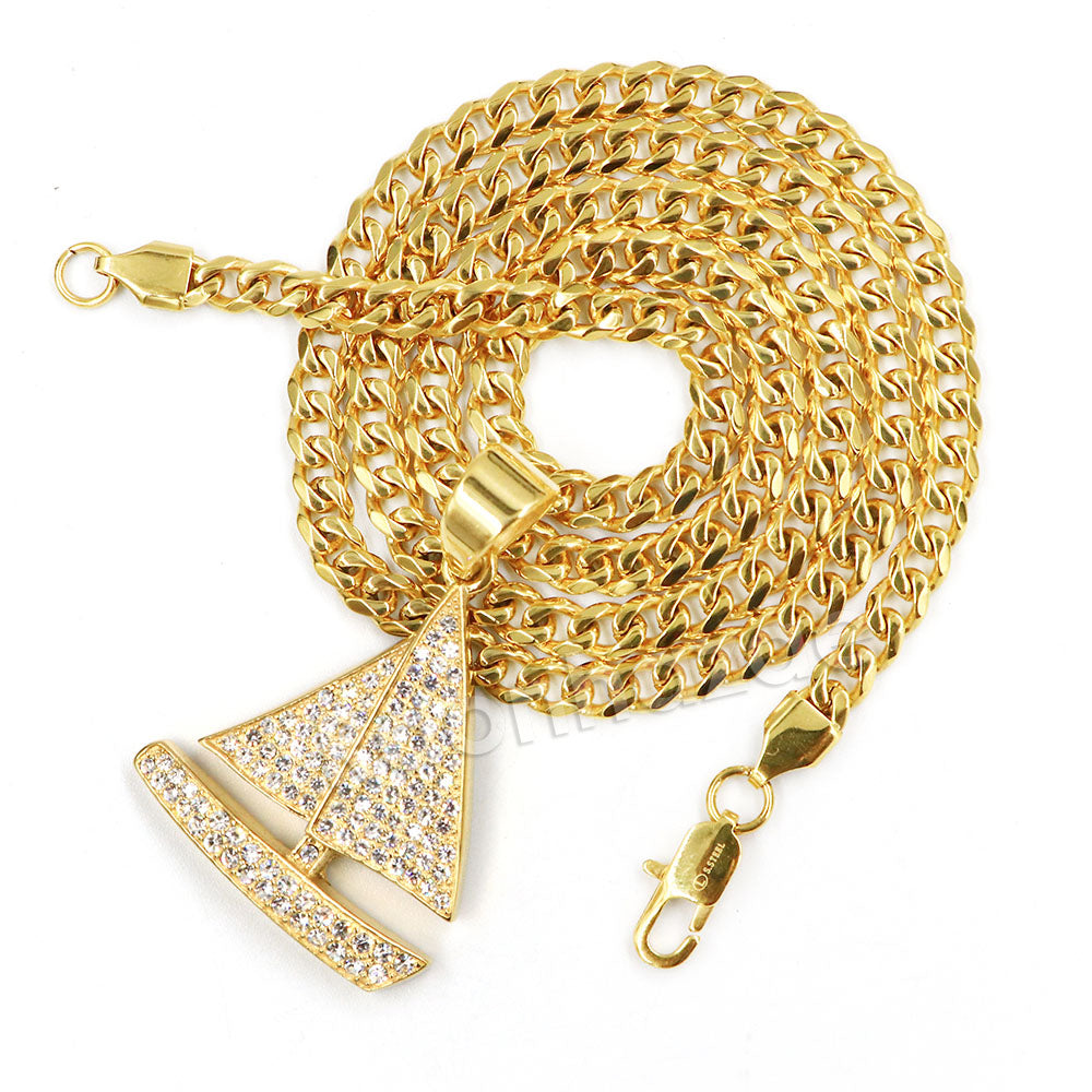 Cheap Stainless Steel Gold Chains CZ Fully Iced-Out Miami Cuban