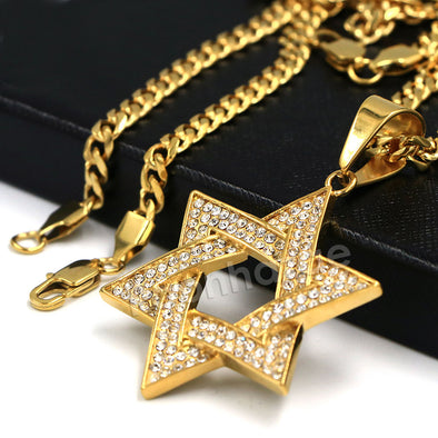 316L Stainless Steel Star of David Blinged Out Pendant w/ 4mm Miami Cuban Chain (Gold and Silver) - Raonhazae