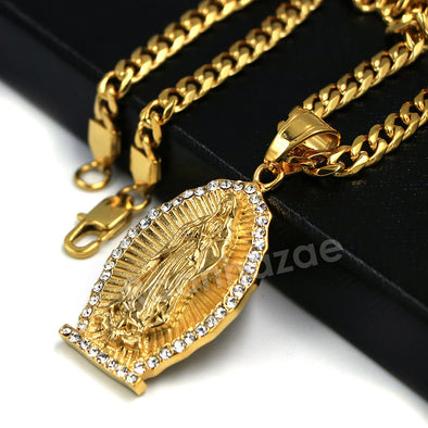 316L Stainless Virgin of Guadalupe Blinged Out Out Pendant w/ 4m Cuban Chain - Raonhazae