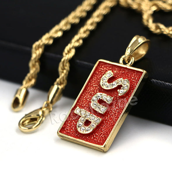 Hip Hop Ice Out Supreme Block Letter Streetwear Red Pendant w/ 4mm 24" Rope Chain - Raonhazae