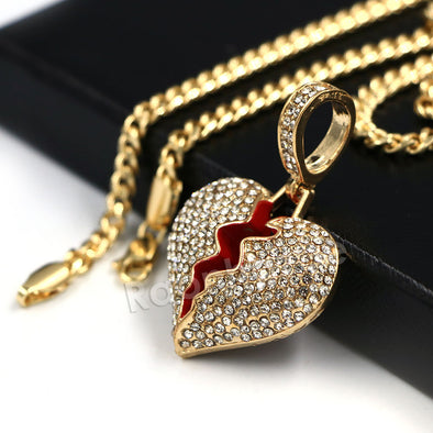 Raonhazae Hip Hop Ice CZ Bubble Broken Heart Full Diamond Pendant Necklace Chain w/ 4mm 24" Cuban Chain - Raonhazae