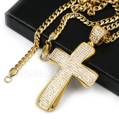 316L Stainless Steel Hip Hop Iced Jesus Cross Pendant w/ 4mm Miami Cuba Chain - Raonhazae