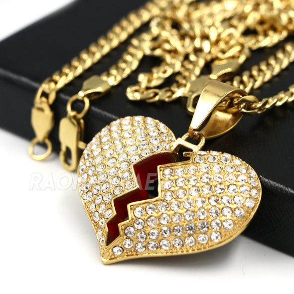 316L Stainless Steel Hip Hop Broken Heart Pendant w/ 4mm Cuban Necklace Set - Raonhazae