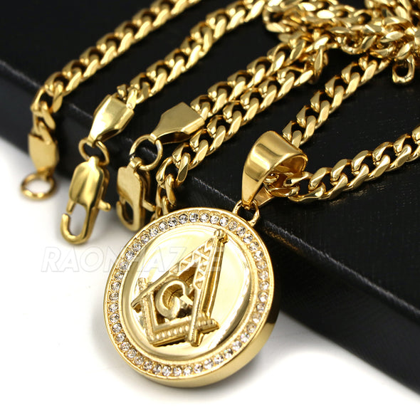 316L Stainless Freemason Grand Master Compass Pendant w/ 4mm Miami Cuba Chain - Raonhazae