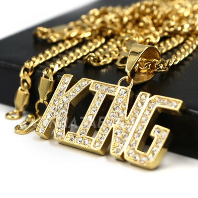 316L Stainless Blinged Out King Lettering Pendant w/ 4mm Miami Cuba Chain - Raonhazae