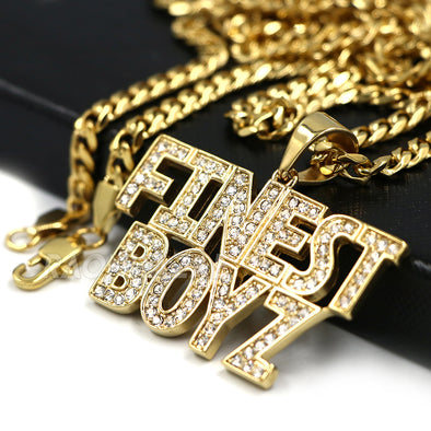 316L Stainless Blinged Out FINEST BOYZ in the Game Lettered Pendant w/ 4mm Miami Cuba Chain - Raonhazae