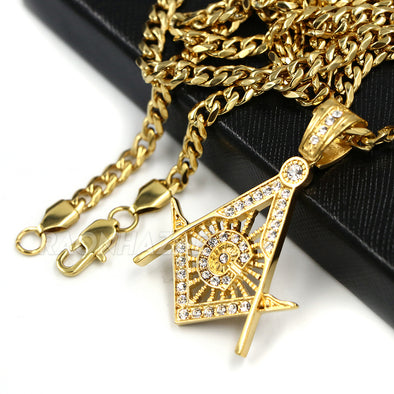 316L Stainless Blinged Out Masonic Grand Mason Pendant w/ 4mm Miami Cuban Chain - Raonhazae