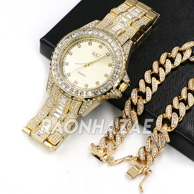 Raonhazae Iced Lab Diamond Busta Gold Watch w/ 15mm Cuban Bracelet Set - Raonhazae