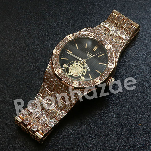 Hip Hop Gold Techno Pave Dark Face Wrist Watch - Raonhazae