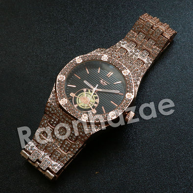 Hip Hop Rose Gold Techno Pave Dark Face Wrist Watch - Raonhazae