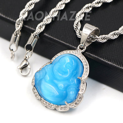 Stainless Steel Silver Smiling Chubby Buddha Pendant 4mm w/ Rope Chain (Blue Jade) - Raonhazae