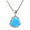 Stainless Steel Silver Smiling Chubby Buddha Pendant 4mm w/ Rope Chain (Blue Jade) - Raonhazae