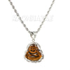 Stainless Steel Silver Smiling Chubby Buddha Pendant 4mm w/ Rope Chain (Brown Jade) - Raonhazae