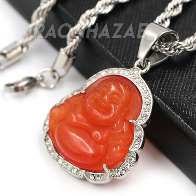 Stainless Steel Silver Smiling Chubby Buddha Pendant 4mm w/ Rope Chain (Red Jade) - Raonhazae