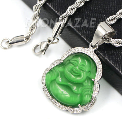 Stainless Steel Silver Smiling Chubby Buddha Pendant 4mm w/ Rope Chain (Green Jade) - Raonhazae