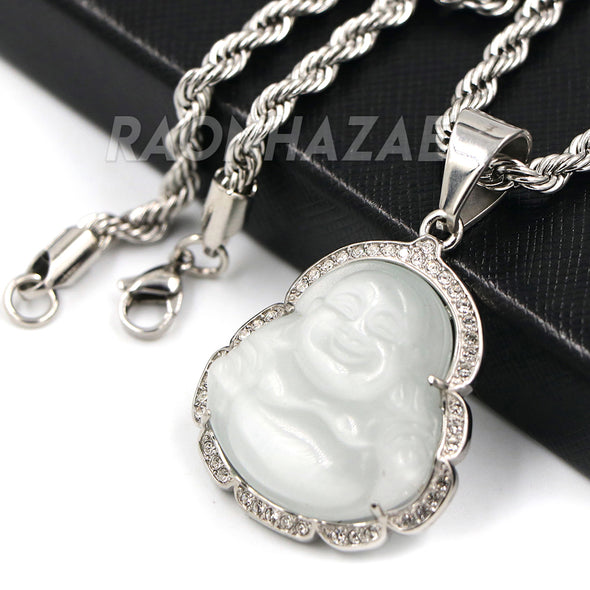 Stainless Steel Silver Smiling Chubby Buddha Pendant 4mm w/ Rope Chain (Silver Jade) - Raonhazae