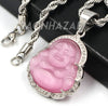 Stainless Steel Silver Smiling Chubby Buddha Pendant 4mm w/ Rope Chain (Pink Jade) - Raonhazae