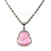 Stainless Steel Silver Smiling Chubby Buddha Pendant 4mm w/ Rope Chain (Pink Jade) - Raonhazae