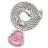 Stainless Steel Silver Smiling Chubby Buddha Pendant 4mm w/ Rope Chain (Pink Jade) - Raonhazae