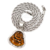 Stainless Steel Silver Smiling Chubby Buddha Pendant 4mm w/ Rope Chain (Brown Jade) - Raonhazae