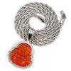Stainless Steel Silver Smiling Chubby Buddha Pendant 4mm w/ Rope Chain (Red Jade) - Raonhazae