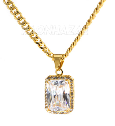 316L Stainless Steel Hip Hop Tesseract Charm Pendant w/ 5mm Miami Cuban Chain - Raonhazae