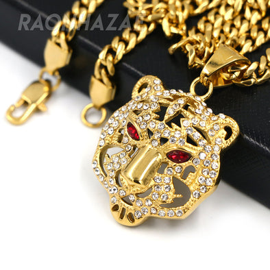 316L Solid Stainless Steel Hip Hop Drake Red Tiger Pendant w/ 5mm Miami Cuban Chain - Raonhazae