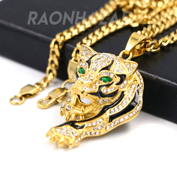 Solid Stainless Steel Hip Hop Drake Green Jaguar Pendant w/ 5mm Miami Cuban Chain - Raonhazae