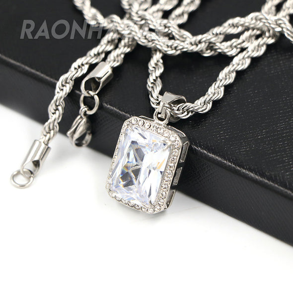 Solid Stainless Steel Hip Hop Silver Tesseract Pendant w/ 5mm Miami Cuban Chain - Raonhazae