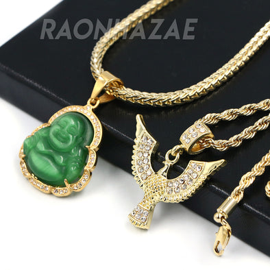 Iced Gold / Silver Buddha Pendant w/ 5mm Franco Chain / EGYPTIAN IBIS Pendant w/ 4mm Rope Chain Set - Raonhazae