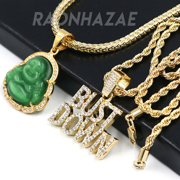 Iced Gold / Silver Buddha Pendant w/ 5mm Franco Chain / BUST DOWN Pendant w/ 4mm Rope Chain Set - Raonhazae