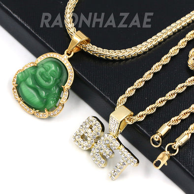 Iced Gold / Silver Buddha Pendant w/ 5mm Franco Chain / BET Pendant w/ 4mm Rope Chain Set - Raonhazae