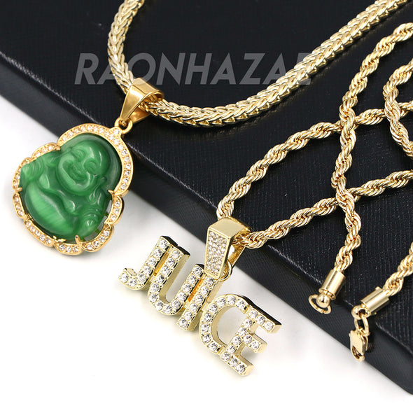 Iced Gold / Silver Buddha Pendant w/ 5mm Franco Chain / JUICE Pendant w/ 4mm Rope Chain Set - Raonhazae