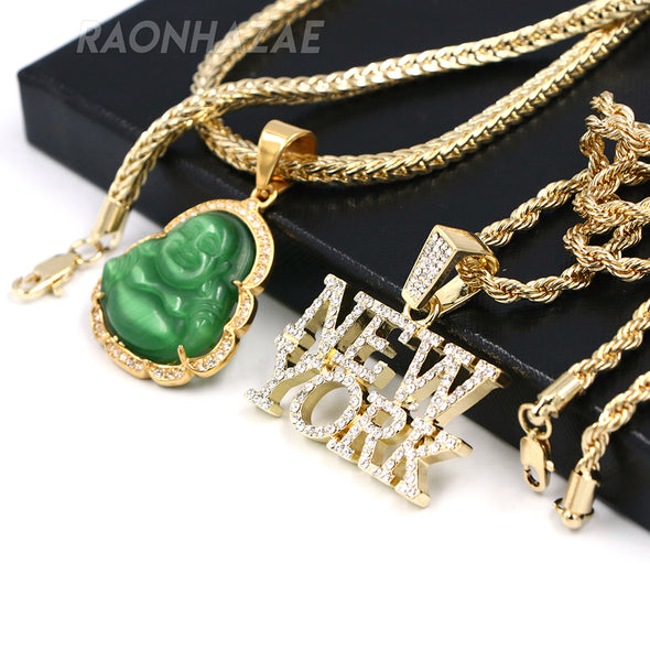 Iced Buddha Pendant w/ 5mm Franco Chain / NEW YORK Pendant w/ 4mm Rope Chain Set G - Raonhazae