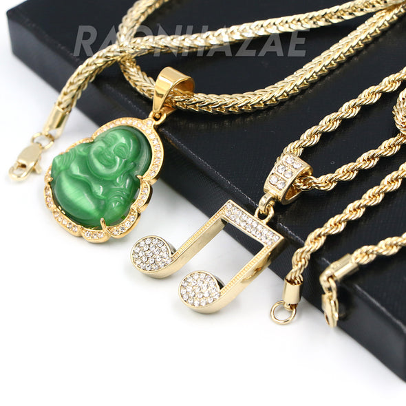 Iced Gold / Silver Buddha Pendant w/ 5mm Franco Chain / MUSICAL NOTE Pendant w/ 4mm Rope Chain Set - Raonhazae