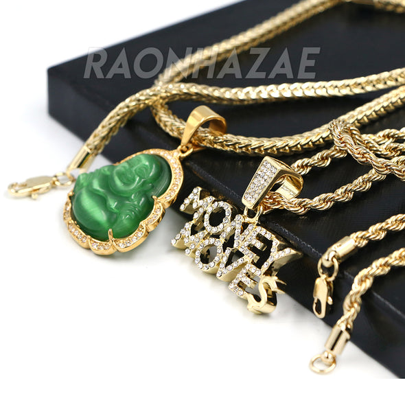 Iced Gold / Silver Buddha Pendant w/ 5mm Franco Chain / MONEY MOVES Pendant w/ 4mm Rope Chain Set - Raonhazae