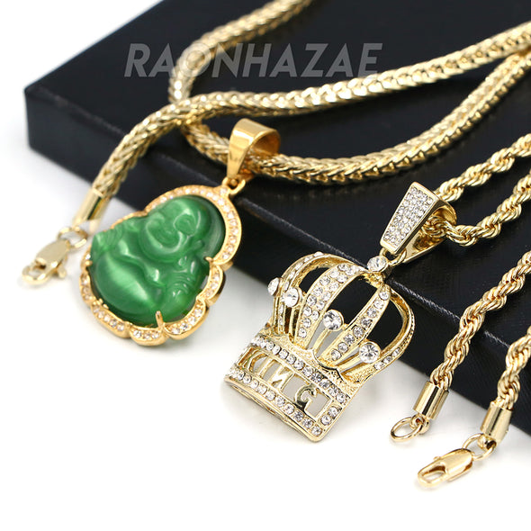 Iced Buddha Pendant w/ 5mm Franco Chain / CROWN Pendant w/ 4mm Rope Chain Set G - Raonhazae